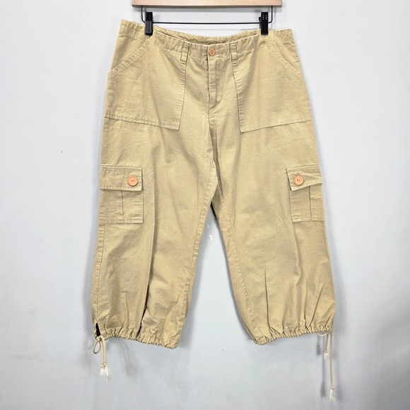 Vintage Pants - Vintage Y2K Cargo Capri Pants L 34X21 Tan Mid Rise Ripstop Parachute Tie Balloon
